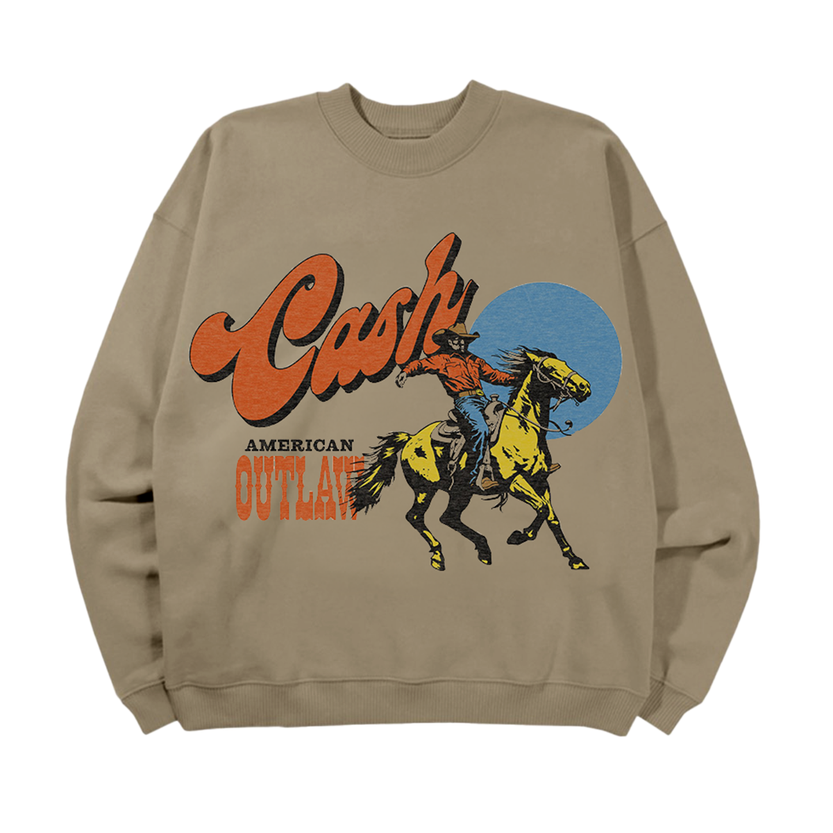Tan crewneck sweater featuring a cowboy graphic and "Cash" logo above the text "American Outlaw" in a western style font