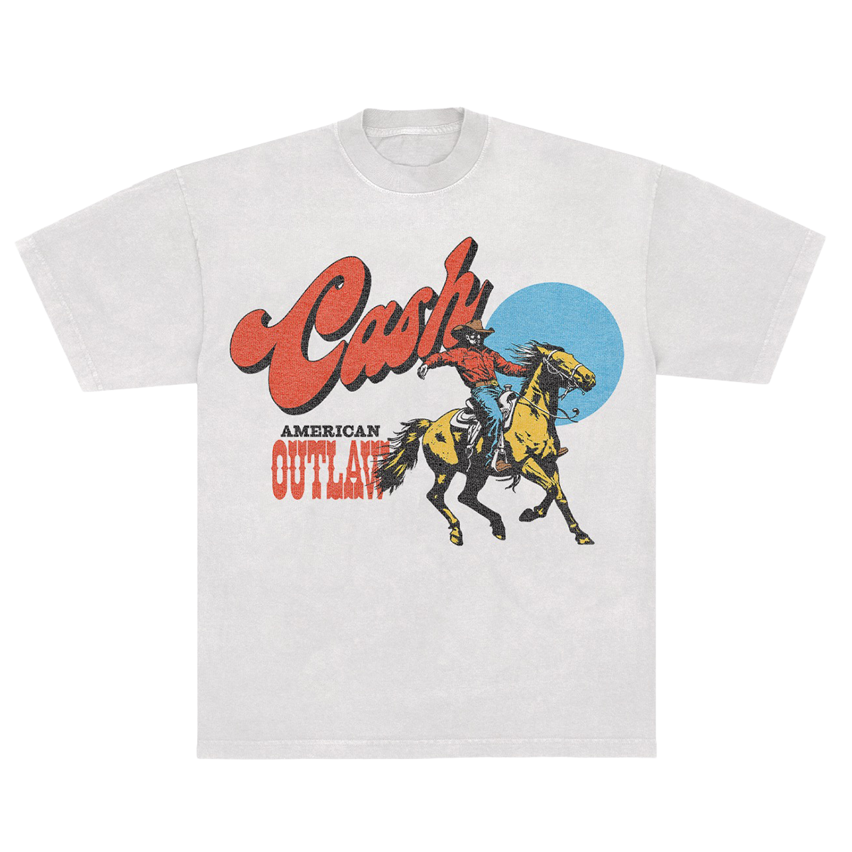 White unisex t-shirt featuring a cowboy graphic and "Cash" logo above the text "American Outlaw" in a western style font