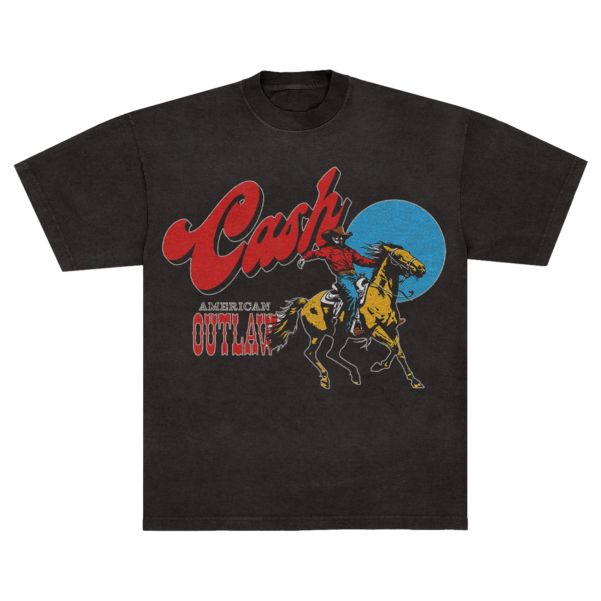 Black unisex t-shirt featuring a cowboy graphic and "Cash" logo above the text "American Outlaw" in a western style font